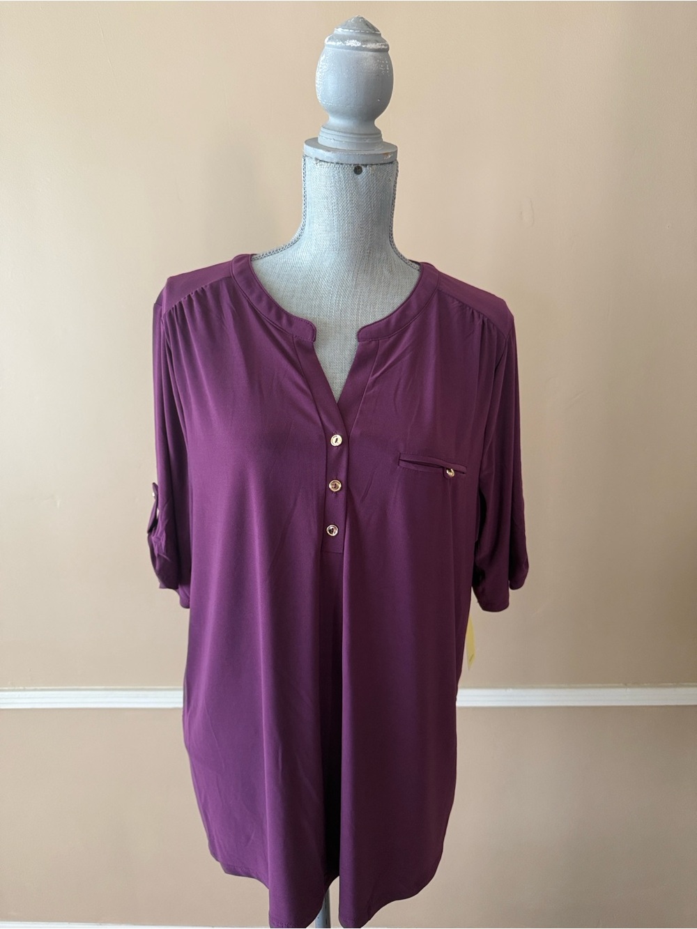 PerSeption Women 💜 PLUM PURPLE HENLEY TUNIC TOP BLOUSE 💜 PLUS SIZE 2X 🌟NWT🌟